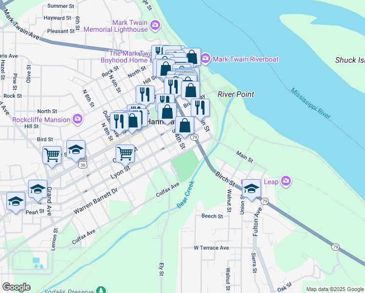 map of restaurants, bars, coffee shops, grocery stores, and more near 352-398 Warren Barrett Drive in Hannibal