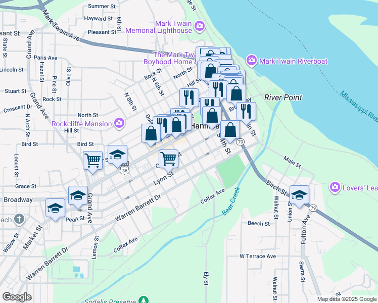 map of restaurants, bars, coffee shops, grocery stores, and more near 212 South 7th Street in Hannibal