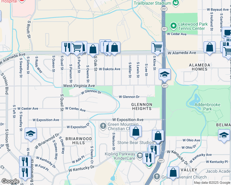 map of restaurants, bars, coffee shops, grocery stores, and more near 550 South Nelson Street in Lakewood