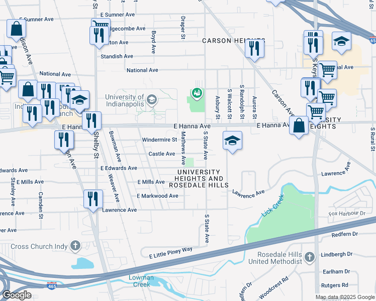 map of restaurants, bars, coffee shops, grocery stores, and more near 4061 Mathews Avenue in Indianapolis