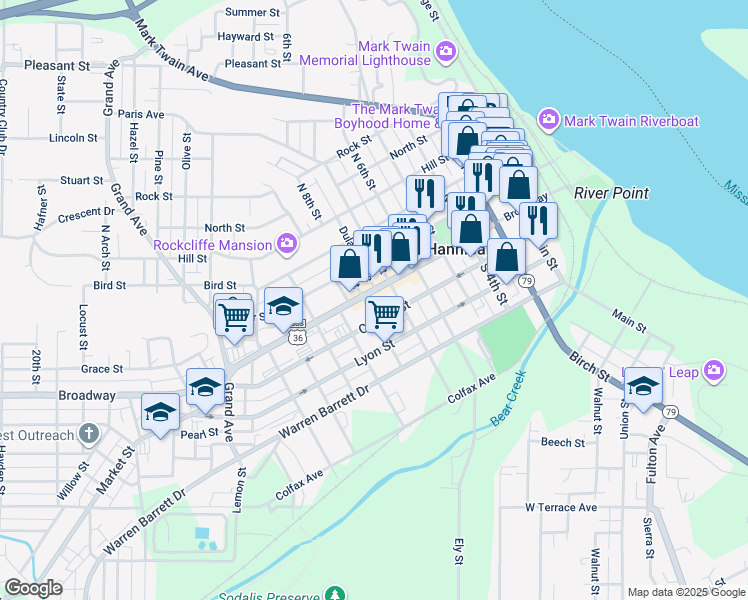 map of restaurants, bars, coffee shops, grocery stores, and more near 777 Broadway in Hannibal