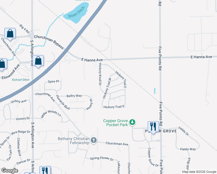map of restaurants, bars, coffee shops, grocery stores, and more near 6543 East Hanna Avenue in Indianapolis