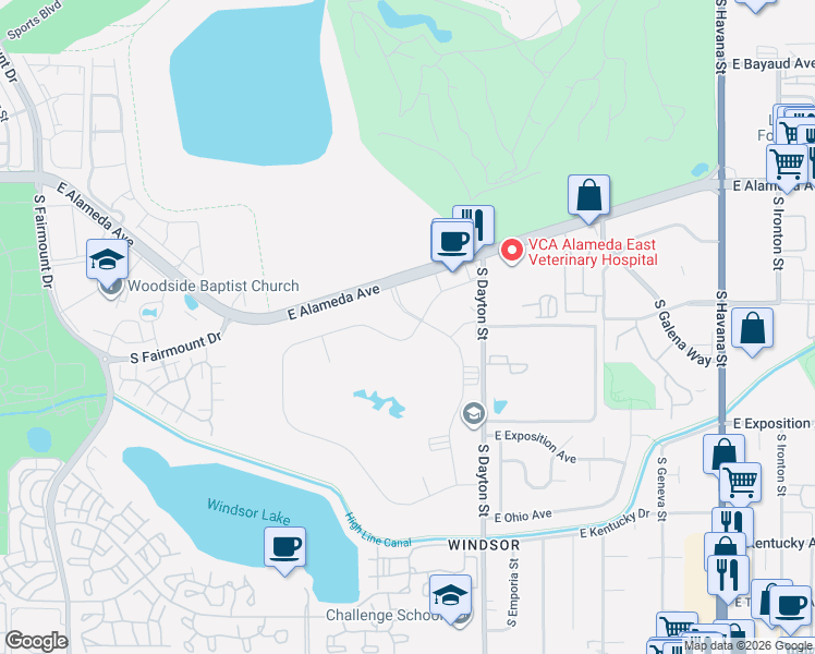map of restaurants, bars, coffee shops, grocery stores, and more near 9385 East Center Avenue in Denver