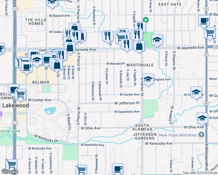 map of restaurants, bars, coffee shops, grocery stores, and more near 478 South Lamar Court in Lakewood