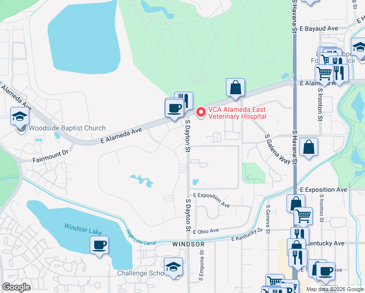 map of restaurants, bars, coffee shops, grocery stores, and more near 610 East Center Avenue in Denver