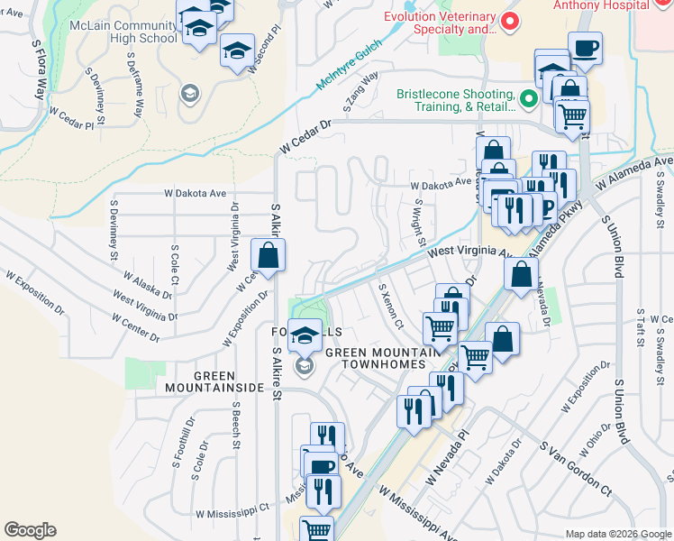 map of restaurants, bars, coffee shops, grocery stores, and more near 498 South Youngfield Court in Denver