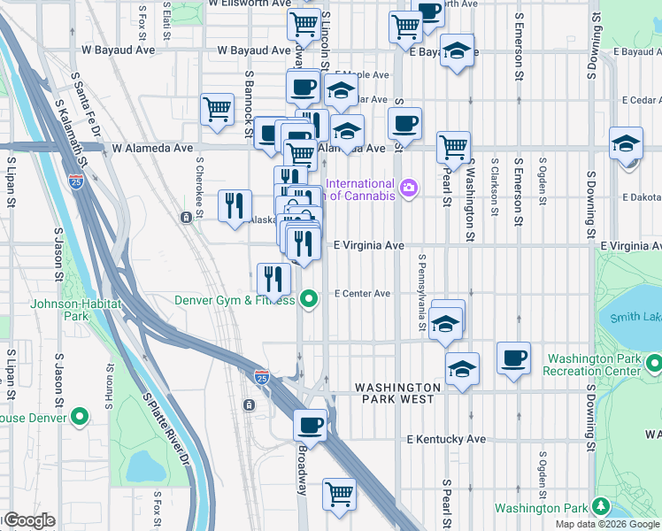 map of restaurants, bars, coffee shops, grocery stores, and more near 559 South Lincoln Street in Denver