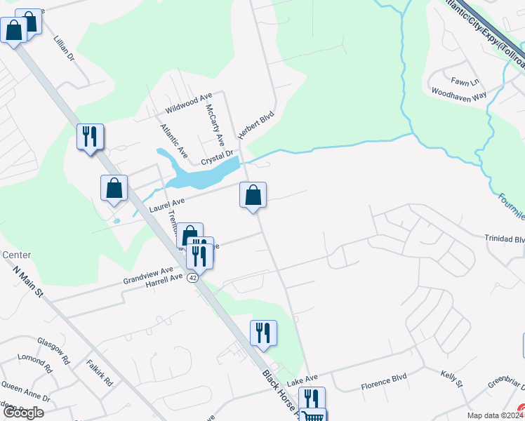 map of restaurants, bars, coffee shops, grocery stores, and more near 1314 Herbert Boulevard in Monroe Township
