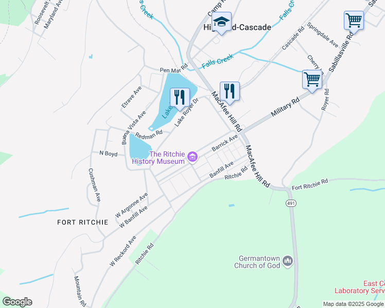 map of restaurants, bars, coffee shops, grocery stores, and more near Castle Drive in Highfield-Cascade