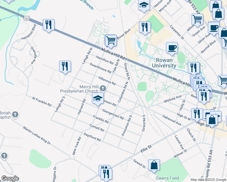 map of restaurants, bars, coffee shops, grocery stores, and more near 209 University Boulevard in Glassboro