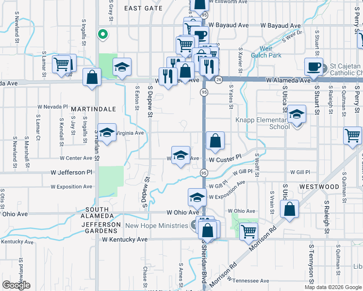 map of restaurants, bars, coffee shops, grocery stores, and more near 5350 West Virginia Avenue in Lakewood
