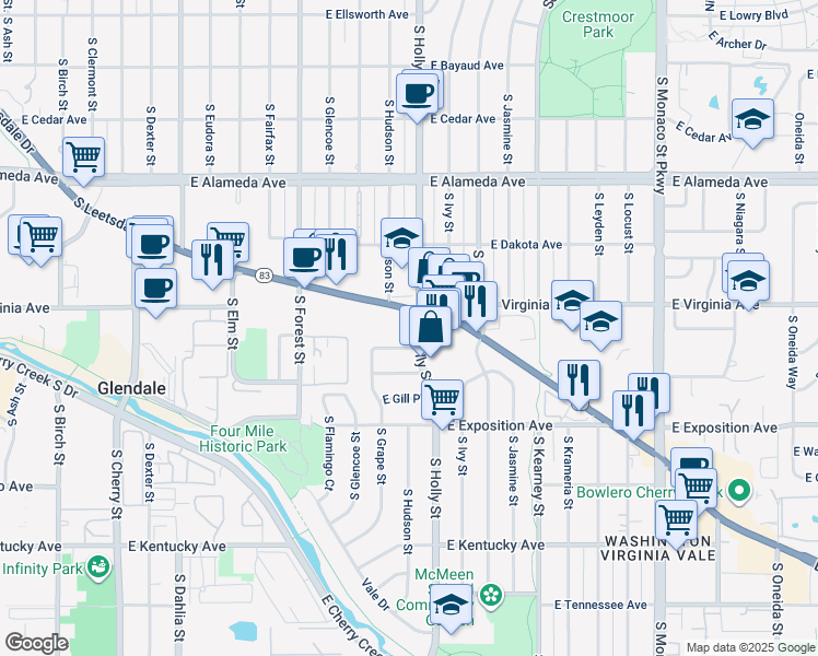 map of restaurants, bars, coffee shops, grocery stores, and more near 560 South Holly Street in Denver