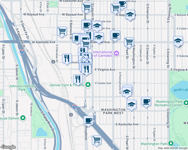 map of restaurants, bars, coffee shops, grocery stores, and more near 559 South Lincoln Street in Denver