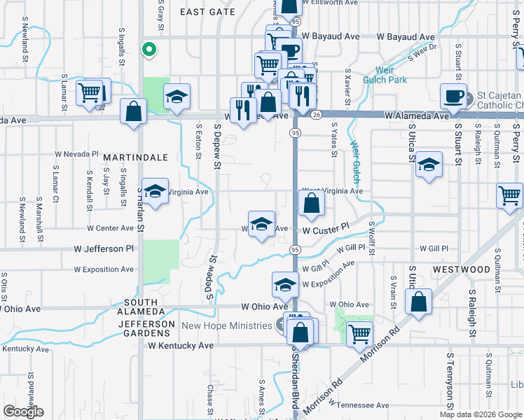 map of restaurants, bars, coffee shops, grocery stores, and more near 5350 West Virginia Avenue in Lakewood