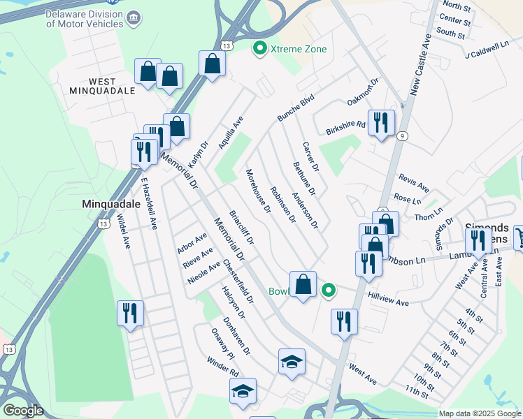 map of restaurants, bars, coffee shops, grocery stores, and more near 426 Morehouse Drive in Wilmington