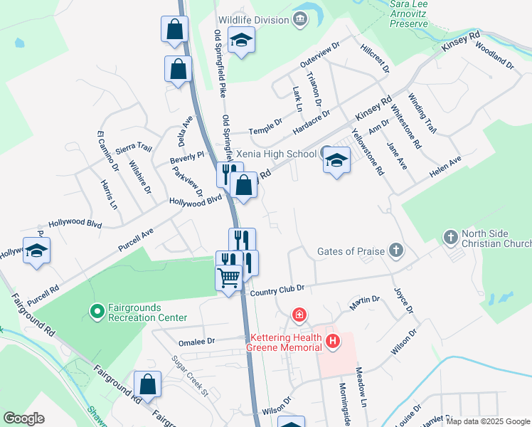 map of restaurants, bars, coffee shops, grocery stores, and more near 1563 North Detroit Street in Xenia