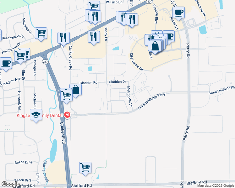 map of restaurants, bars, coffee shops, grocery stores, and more near 2450 Central Park Drive South in Plainfield