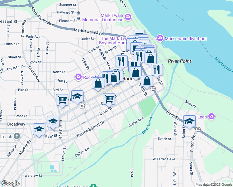 map of restaurants, bars, coffee shops, grocery stores, and more near 212 South 7th Street in Hannibal