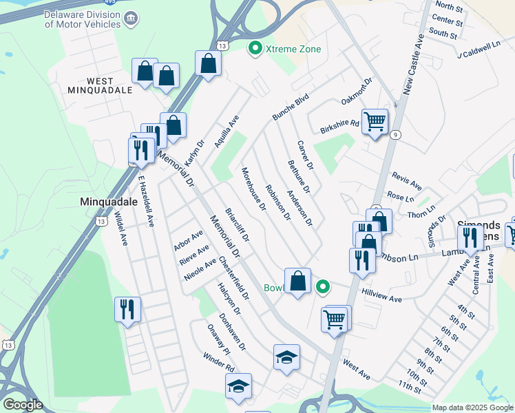map of restaurants, bars, coffee shops, grocery stores, and more near 426 Morehouse Drive in Wilmington