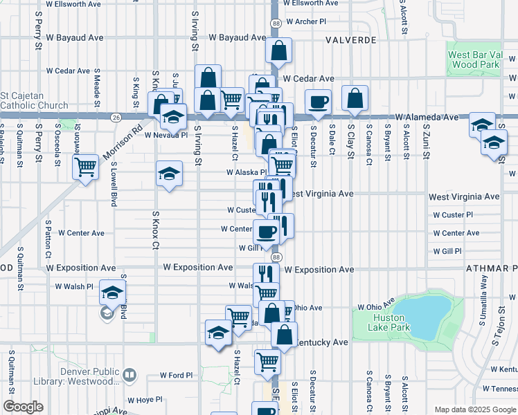 map of restaurants, bars, coffee shops, grocery stores, and more near 555 South Federal Boulevard in Denver