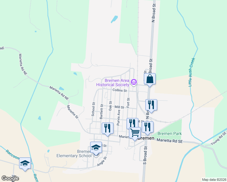 map of restaurants, bars, coffee shops, grocery stores, and more near 347 Purvis Avenue in Bremen