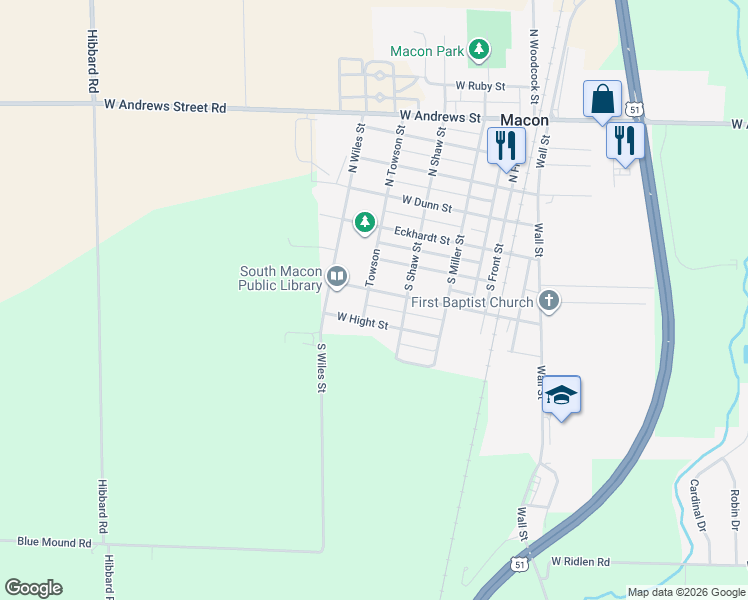 map of restaurants, bars, coffee shops, grocery stores, and more near North Towson Street in Macon