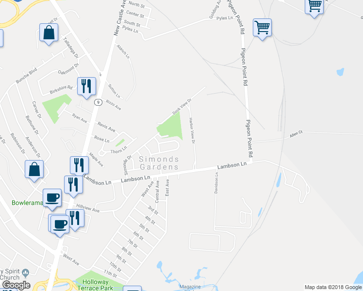 map of restaurants, bars, coffee shops, grocery stores, and more near 341 Sheridan Drive in New Castle