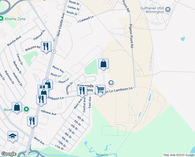map of restaurants, bars, coffee shops, grocery stores, and more near 341 Sheridan Drive in New Castle