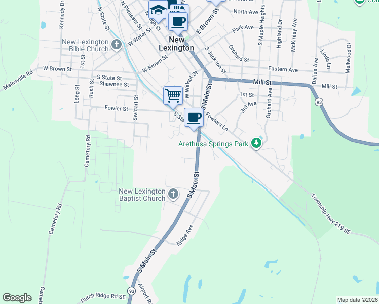 map of restaurants, bars, coffee shops, grocery stores, and more near 217 Monroe Street in New Lexington