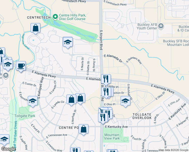 map of restaurants, bars, coffee shops, grocery stores, and more near in Aurora