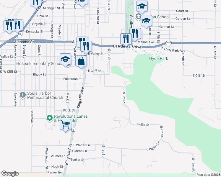 map of restaurants, bars, coffee shops, grocery stores, and more near 302 Harrington Avenue in Saint Joseph