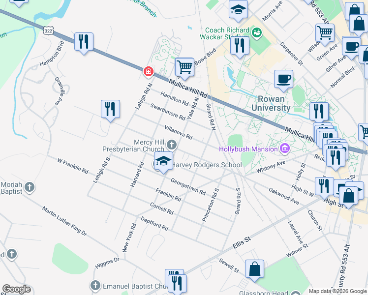map of restaurants, bars, coffee shops, grocery stores, and more near 224 University Boulevard in Glassboro