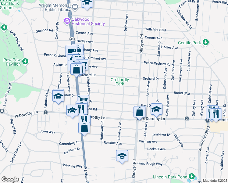 map of restaurants, bars, coffee shops, grocery stores, and more near 352 Claranna Avenue in Dayton