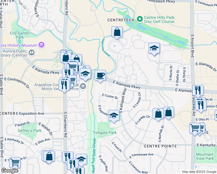 map of restaurants, bars, coffee shops, grocery stores, and more near 15730 East Alameda Parkway in Aurora