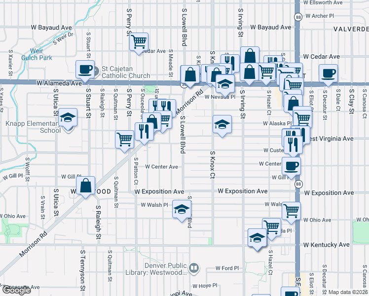map of restaurants, bars, coffee shops, grocery stores, and more near 3570 West Custer Place in Denver