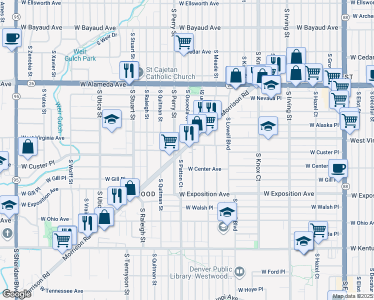 map of restaurants, bars, coffee shops, grocery stores, and more near 500 South Patton Court in Denver