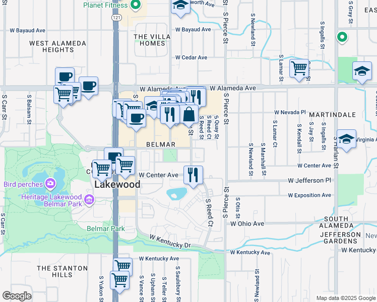 map of restaurants, bars, coffee shops, grocery stores, and more near 530 South Saulsbury Street in Lakewood