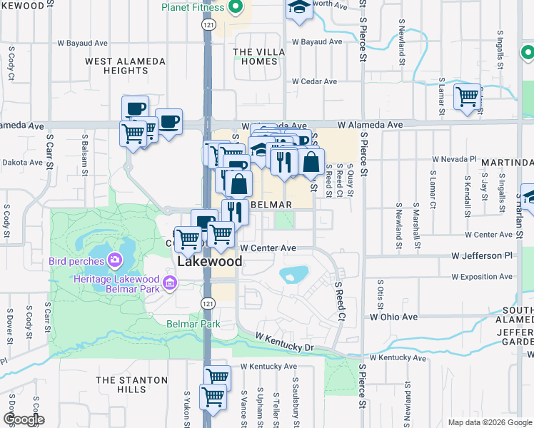 map of restaurants, bars, coffee shops, grocery stores, and more near 538 South Upham Street in Lakewood