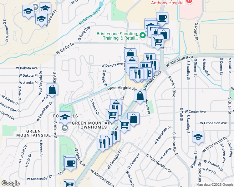 map of restaurants, bars, coffee shops, grocery stores, and more near 12564 West Virginia Avenue in Lakewood