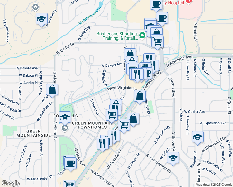 map of restaurants, bars, coffee shops, grocery stores, and more near 12564 West Virginia Avenue in Lakewood