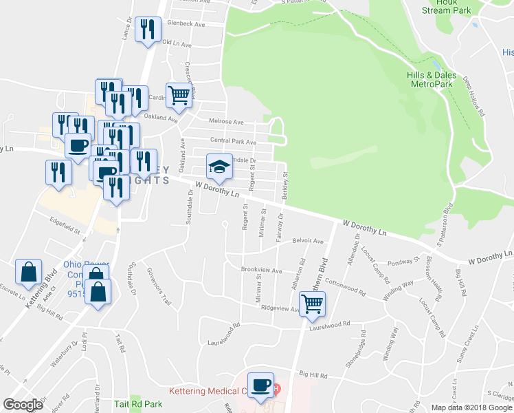 map of restaurants, bars, coffee shops, grocery stores, and more near 3014 Mirimar Street in Dayton