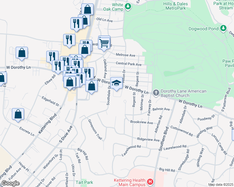 map of restaurants, bars, coffee shops, grocery stores, and more near 3036 Bellflower Street in Dayton