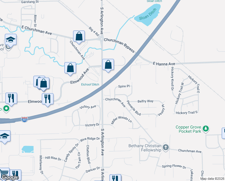 map of restaurants, bars, coffee shops, grocery stores, and more near 4234 South Spire Drive in Indianapolis