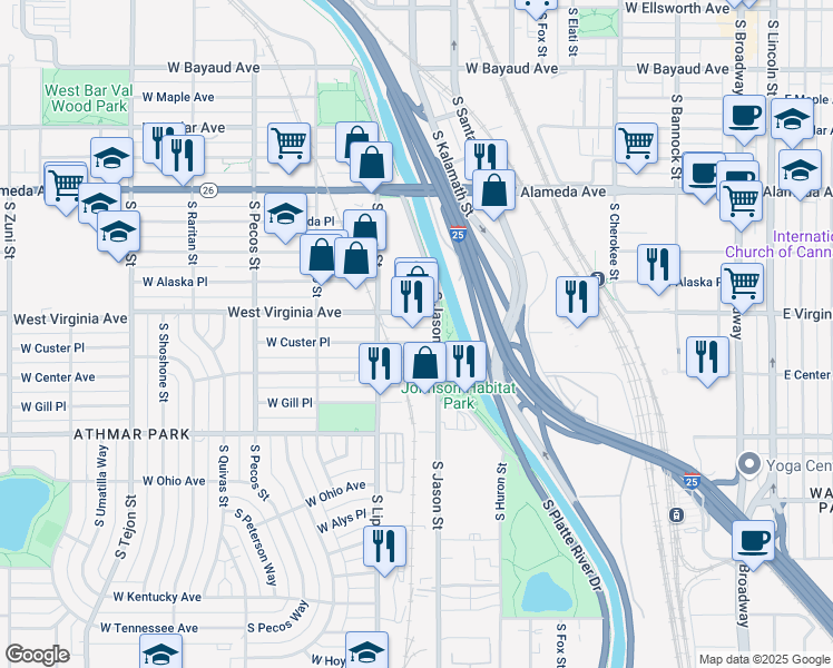 map of restaurants, bars, coffee shops, grocery stores, and more near 1140 West Custer Place in Denver