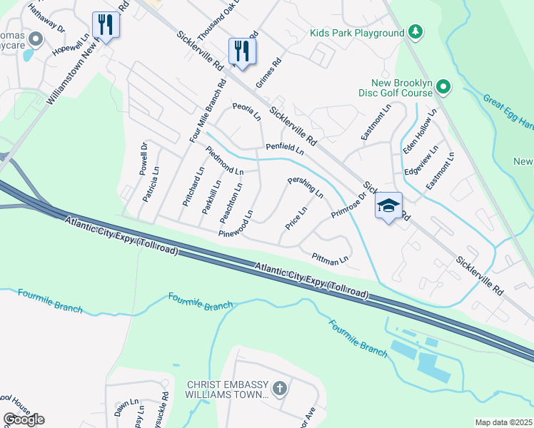 map of restaurants, bars, coffee shops, grocery stores, and more near 44 Pershing Lane in Sicklerville
