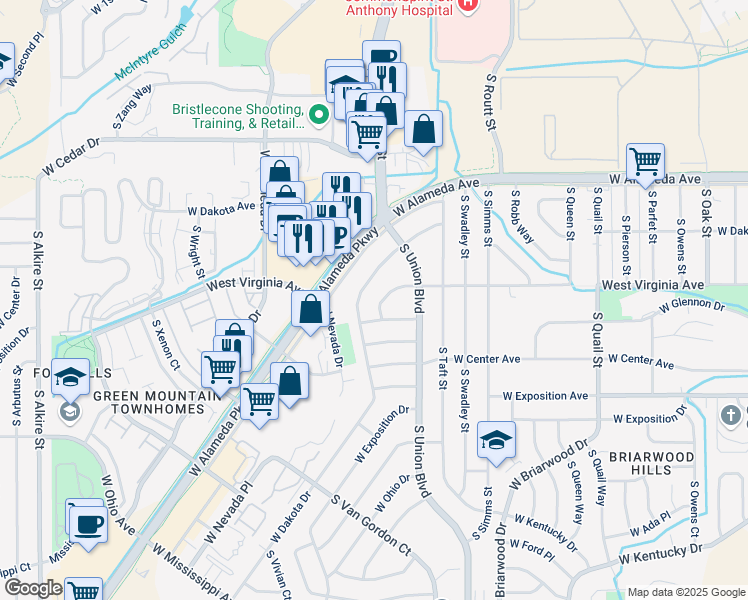 map of restaurants, bars, coffee shops, grocery stores, and more near 12093 West Virginia Avenue in Lakewood