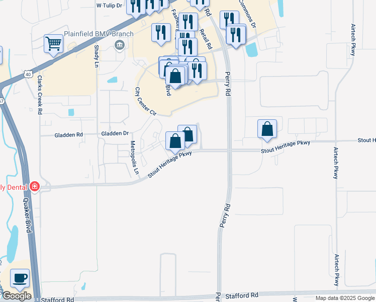 map of restaurants, bars, coffee shops, grocery stores, and more near Metropolis Parkway in Plainfield