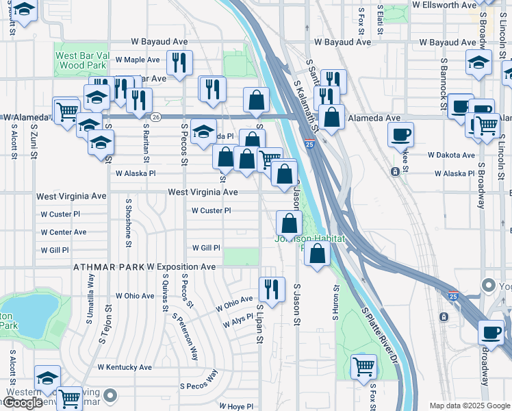 map of restaurants, bars, coffee shops, grocery stores, and more near 560 South Lipan Street in Denver