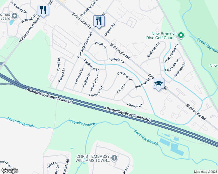 map of restaurants, bars, coffee shops, grocery stores, and more near 44 Pershing Lane in Sicklerville