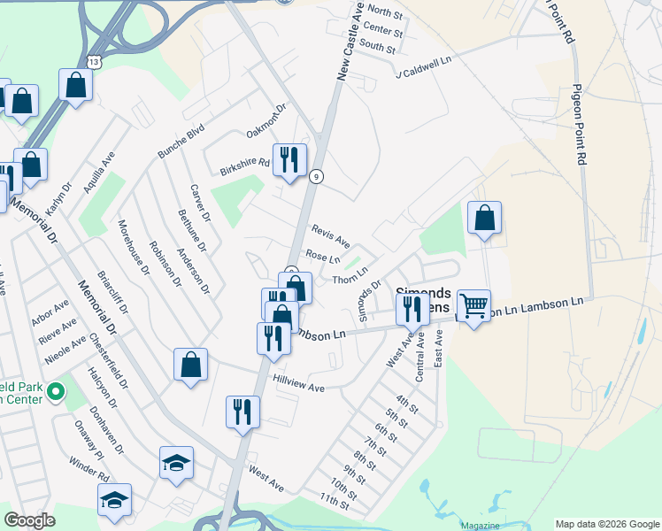 map of restaurants, bars, coffee shops, grocery stores, and more near 29 Thorn Lane in New Castle